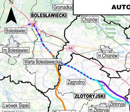 Orientacyjne warianty tras projektowanej autostrady A4 na terenie gminy Warta Bolesawiecka